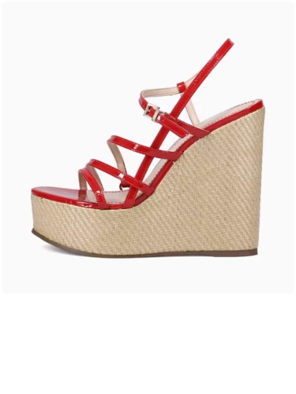 FSJ Red & Beige Open Toe Buckle Strappy Wedge Sandals with Woven Platform